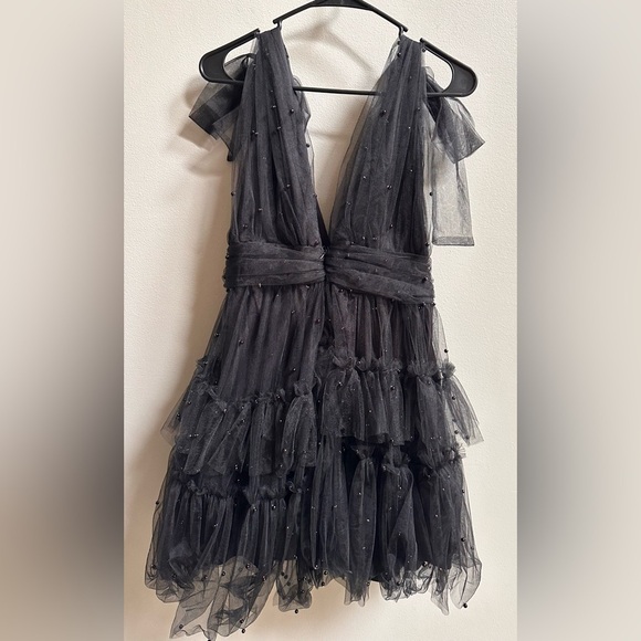 NEW Lulus Black Tulle Beaded Shoulder-Tie Tiered Mini Party Dress Women’s L READ - Picture 10 of 12
